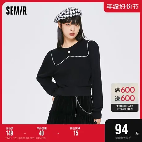 森马针织衫女短款黑色提花翻领泡泡袖2022秋季新款优雅女生毛衫潮图片