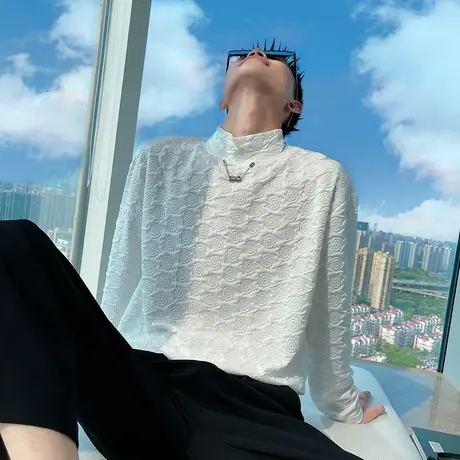 男装高领长袖t恤男春秋浮雕潮牌个性潮牌学生休闲圆领内搭打底衫商品大图