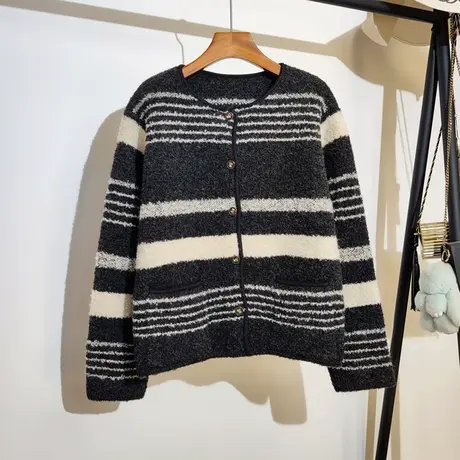 条纹撞色毛衣开衫外套女秋冬新款韩版宽松圆领时髦设计感加厚上衣图片