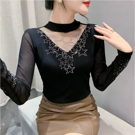 设计感圆领打底衫长袖网纱时尚拼接镂空烫钻上衣女修身显瘦T恤ins图片