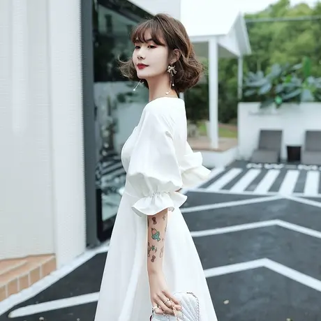 法式白色宴会晚礼服裙女高贵气质名媛a字裙小个子中长款平时可穿图片