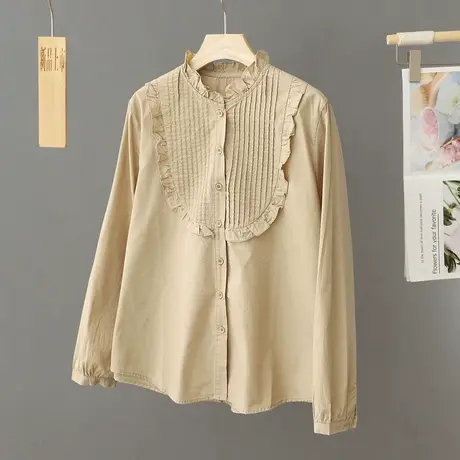 日系简约百搭纯棉衬衫女长袖上衣春季小众新款设计感立领打底衬衣商品大图