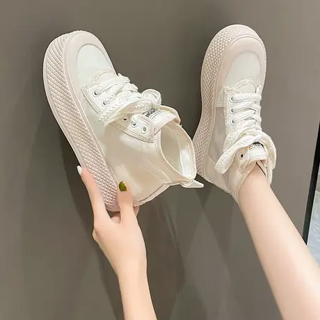 网纱厚底帆布鞋女2024年春夏季高帮小白鞋透气运动休闲板鞋子女鞋商品大图