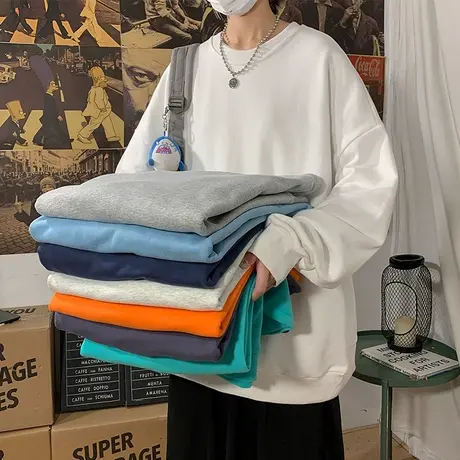 纯色卫衣男潮牌春秋季内搭港风日系宽松上衣服圆领打底衫潮流外套商品大图