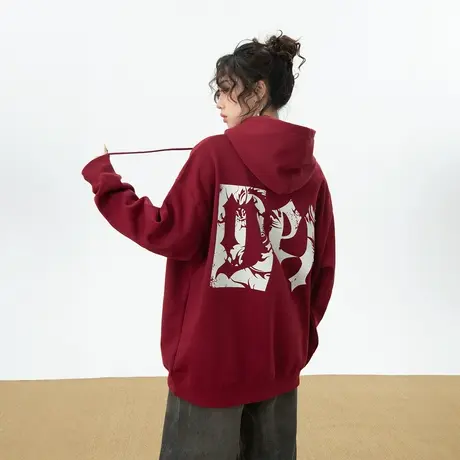 YEP复古新年红色连帽卫衣女2024春季新款国潮印花宽松情侣装外套商品大图