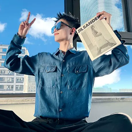 长袖衬衫男春季2024新款休闲工装打底寸衫潮复古蓝色男生衬衣外套图片