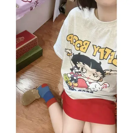 重磅纯棉短袖t恤女oversize半袖宽松美式复古chic港味上衣春夏季图片