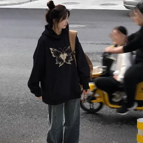 美式复古蝴蝶印花连帽卫衣女秋冬宽松韩系慵懒风加绒加厚上衣外套图片