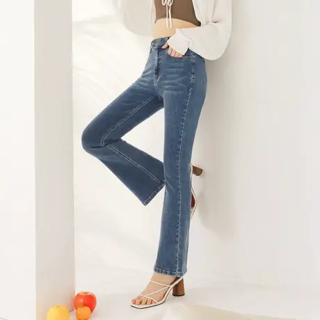 桔熊春秋季复古牛仔裤子女显腿长高腰修身抓纹微喇叭裤大码BA7049图片