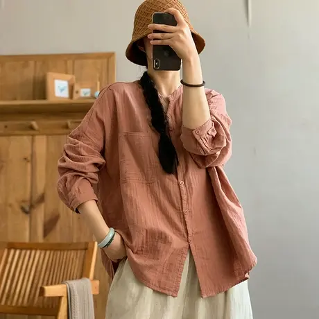 dza 复古纯棉宽松V领长袖衬衫女春新款休闲上衣大码纯色短款衬衣图片