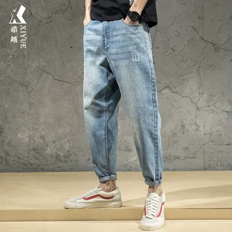 秋冬季直筒休闲牛仔裤男春秋加绒宽松大码男款男士九分裤哈伦裤子商品大图