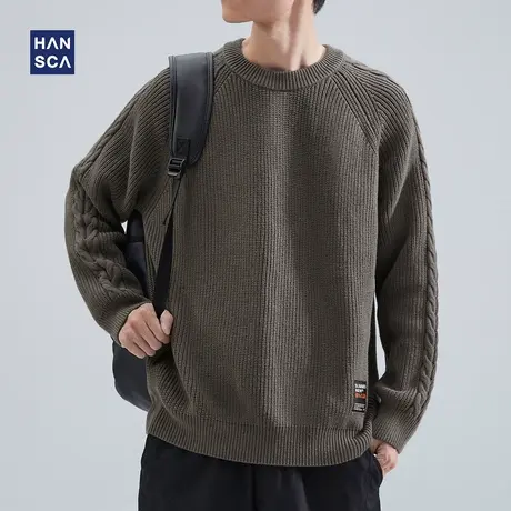 hansca粗针毛衣慵懒高级感男冬季加厚宽松复古麻花保暖套头针织衫商品大图