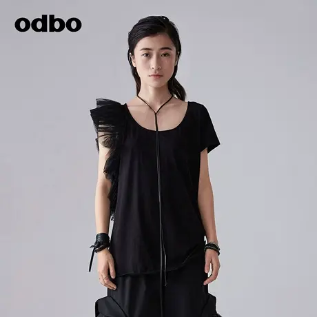 odbo/欧迪比欧复古设计感小众网纱拼接T恤女春季新款新款百搭上衣图片