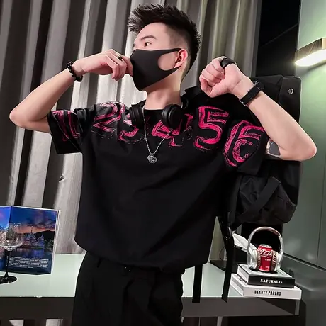 夏季重磅印花字母T恤男潮流宽松打底衫短袖上衣圆领INS半截袖体恤商品大图