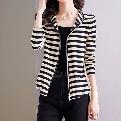【3月4春新品8折】宽松休闲条纹连帽外套百搭显瘦针织开衫上衣女图片