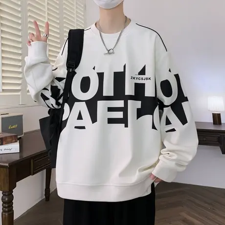 字母印花长袖t恤男春秋款港风卫衣男潮牌青少年休闲宽松百搭体恤T图片