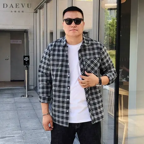 秋新款黑白格子大码男装韩版潮胖子大号加肥加大男士长袖衬衫衬衣商品大图