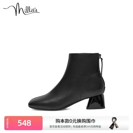millie's妙丽冬新款时尚优雅极简风粗跟时装女短靴LOZ43DD2商品大图