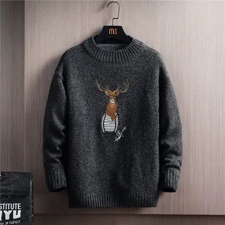 冬季新款青少年休闲上衣服男宽松圆领加绒加厚毛衣潮流韩版针织衫商品大图