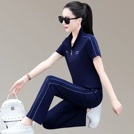 天丝阔腿裤休闲运动套装女士时尚宽松藏肉显瘦立领短袖薄款两件套商品大图