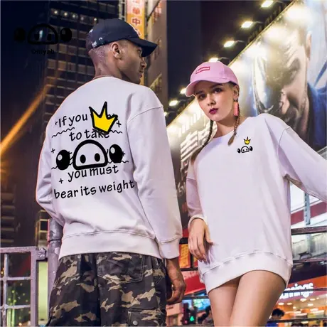 欧美简约小猪皇冠卡通印花卫衣女宽松街头中性风情侣国潮牌连帽衫商品大图