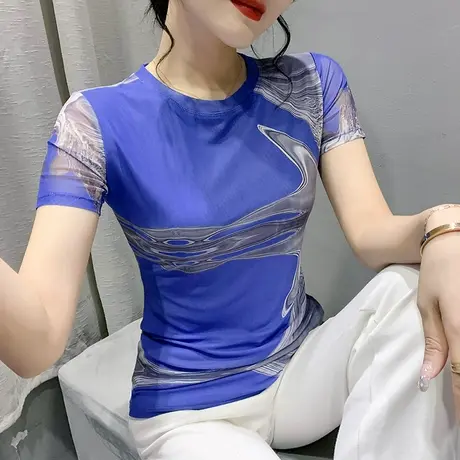 性感漂亮T恤女短袖2023夏季新款网纱打底衫修身扎染印花上衣洋气商品大图