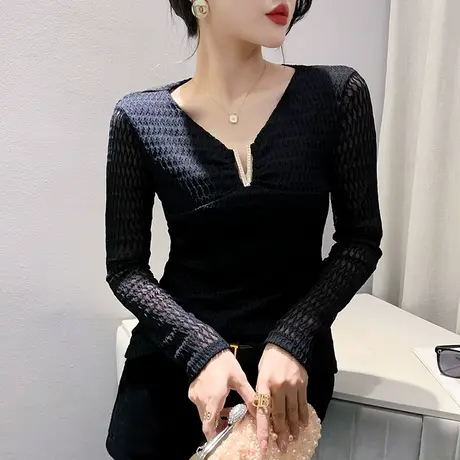 欧货性感网纱打底衫女长袖2023秋新款时尚洋气V领T恤别致修身上衣商品大图