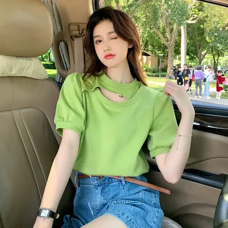 设计感小众泡泡袖t恤女2023夏季新款网红ins超火正肩纯棉短袖上衣商品大图