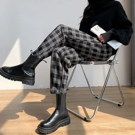 毛呢格子裤女秋冬2023年新款高腰宽松显瘦休闲百搭加厚束脚哈伦裤商品大图