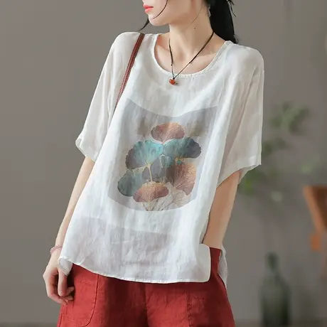 dza 复古白色棉麻上衣女士夏季薄款短袖宽松亚麻t恤半袖打底体恤商品大图