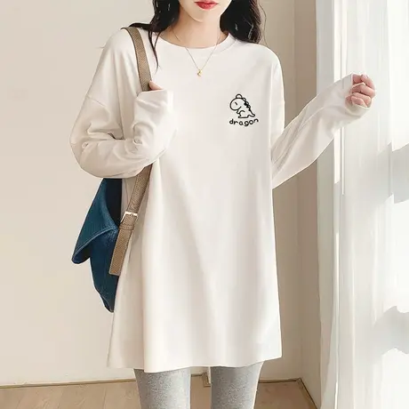 纯棉磨毛白色长袖t恤女韩版宽松大码上衣中长款春秋冬季打底衫潮商品大图