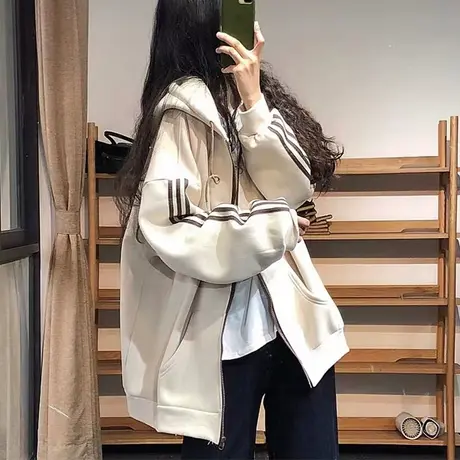三条杠开衫卫衣女大码加绒加厚秋冬oversize小众连帽拉链外套宽松商品大图