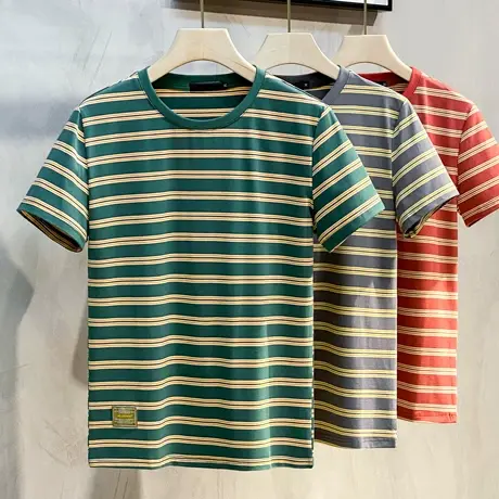 男士2023夏季新款短袖t恤男ins潮流韩版潮牌修身条纹半袖体恤上衣商品大图
