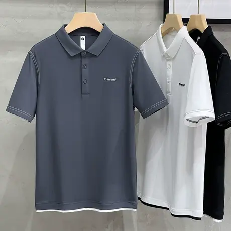 丝光料日系男装潮牌翻领短袖男T恤夏季假两件POLO衫男士宽松上衣图片