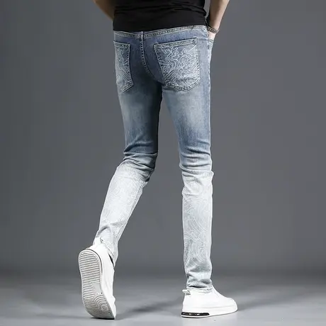 蓝色牛仔裤男夏季薄款2023新款时尚印花修身小脚潮牌弹力休闲长裤商品大图