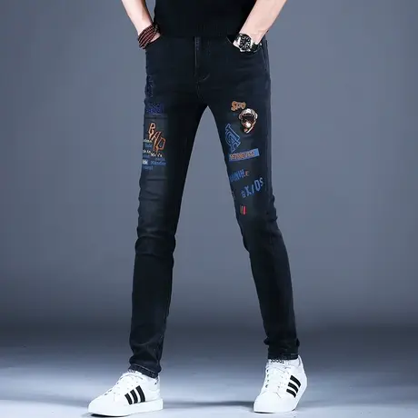 刺绣印花潮牌牛仔裤男款修身小脚弹力2023新款休闲裤子欧美风轻奢商品大图