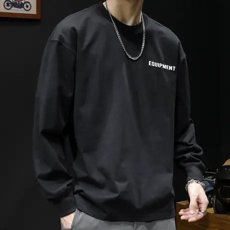 秋季圆领长袖t恤男ins潮牌纯棉宽松大码2023新款男士打底衫春秋潮图片