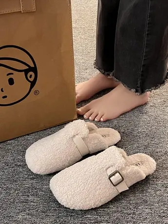 网红爆款毛毛拖鞋女外穿2023年冬季新款一脚蹬平底懒人包头棉拖鞋图片