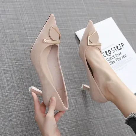 法式高跟鞋女春2023年新款气质百搭尖头绒面性感职业少女细跟单鞋图片