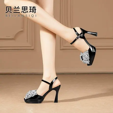 真皮水钻蝴蝶结一字带防水台高跟鞋女2023夏季新款鱼嘴细跟凉鞋商品大图