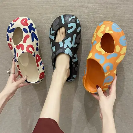 时尚印花包头凉拖鞋女夏季ins潮情侣居家外穿防滑厚底老爹洞洞鞋商品大图