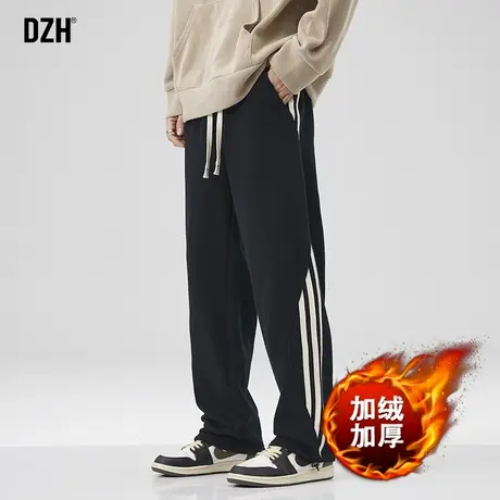 男生三条杠加绒裤子男冬季美式卫裤直筒垂感休闲裤阔腿裤2024新款图片