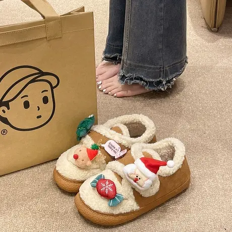 魔术贴棉拖鞋女士冬季家居外穿可爱圣诞老人加绒包跟保暖防滑棉鞋商品大图