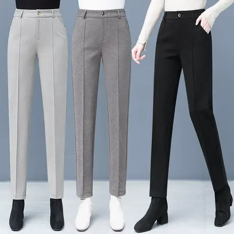 卡其色毛呢裤子女秋冬2023新款高腰烟管裤百搭显瘦小脚西装裤加绒图片