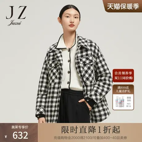 JZ玖姿撞色格纹衬衫式棉衣女装2022冬季新款时尚几何保暖羊毛外套商品大图