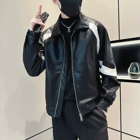 网红爆款拼色皮衣外套男秋季韩版潮流嘻哈痞帅发型师夜店皮夹克潮商品大图