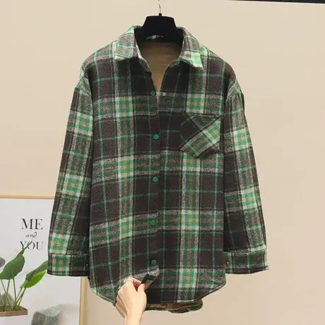 格子加绒衬衫女宽松翻领文艺休闲加厚保暖衬衣2023秋冬外套上衣潮图片