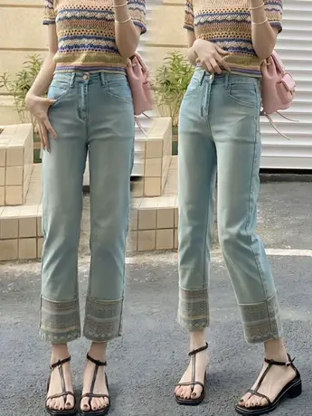 民族风复古牛仔裤女夏季薄款高腰设计感烟管裤小个子九分直筒裤子图片