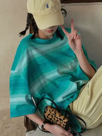 早秋条纹港风显白宽松韩版显瘦短袖T恤上衣2023年新款女装春夏季商品大图