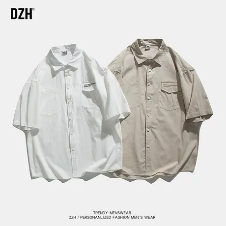 男生纯棉短袖衬衫男潮牌ins夏季宽松日系纯色百搭衬衣2023新款潮商品大图